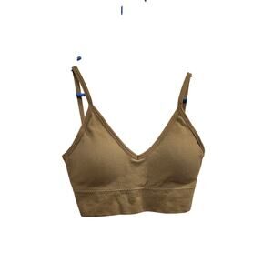 Seamless V-Neck Push Up Wireless Knit Rib Low Back Bra Bralette Tan Size Medium